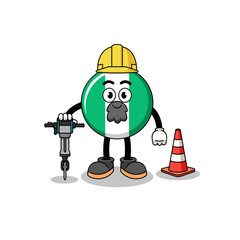Character cartoon of nigeria flag working on road construction