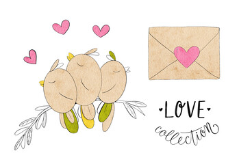 Love collection. Set on valentines day. Watercolor illustration of hand drawn elements with flowers, hearts, leaves, plants, ribbons, lettering, birds, envelope