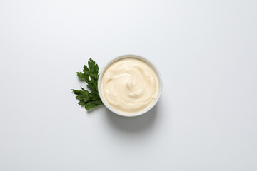 Concept of egg sauce, mayonnaise, top view