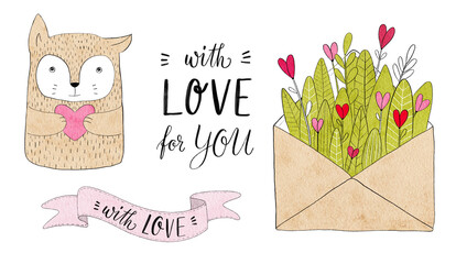 Love collection. Set on valentines day. Watercolor illustration of hand drawn elements with flowers, hearts, leaves, plants, ribbons, lettering, envelope