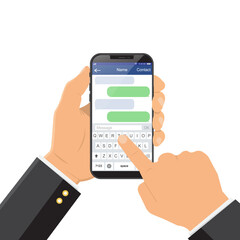 Chat message on the smartphone screen. Hand holds the smartphone, finger touches screen
