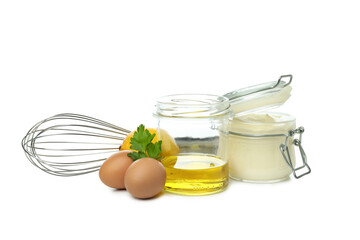 Concept of cooking egg sauce, mayonnaise sauce, isolated on white background