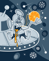An alien with an orange in his hand. Vector illustration.