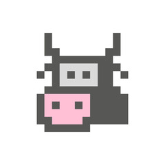 Cow head vector icon and logo. Goby and calf. Front view. Pixel art and point style.