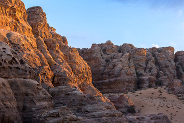 Fototapeta na wymiar Landscape with sandstone rocks in little petra archaeological site, Jordan