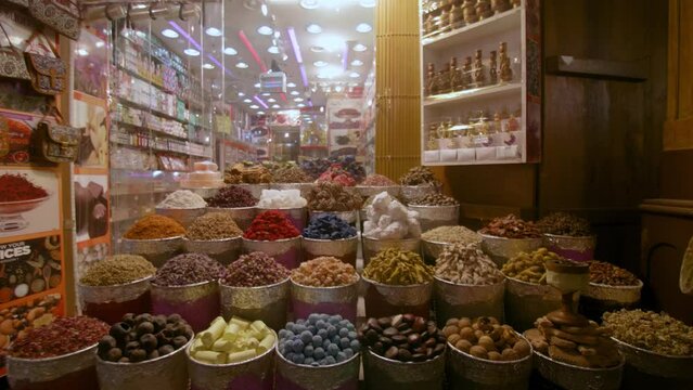 Colorful Spices At Traditional Arabic Market, Moving Backward