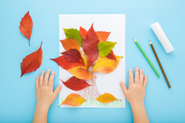 Little child hands creating tree shape from colorful leaves on white paper. Light blue table...