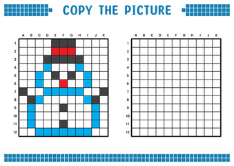 Copy the picture, complete the grid image. Educational worksheets drawing with squares, coloring cell areas. Children's preschool activities. Cartoon vector, pixel art. Snowman with hat illustration.