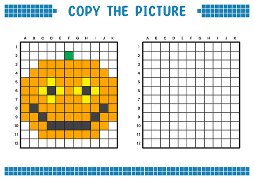 Copy the picture, complete the grid image. Educational worksheets drawing with squares, coloring cell areas. Children's preschool activities. Cartoon vector, pixel art. Halloween pumpkin illustration.