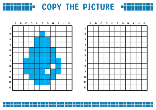 Copy the picture, complete the grid image. Educational worksheets drawing with squares, coloring areas. Children's preschool activities. Cartoon vector, pixel art. Drop of water symbol illustration.