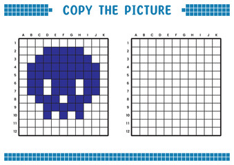 Fototapeta premium Copy the picture, complete the grid image. Educational worksheets drawing with squares, coloring cell areas. Children's preschool activities. Cartoon vector, pixel art. Skull head symbol illustration.