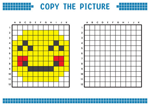 Copy the picture, complete the grid image. Educational worksheets drawing with squares, coloring cell areas. Children's preschool activities. Cartoon vector, pixel art. Illustration of a smiling face.