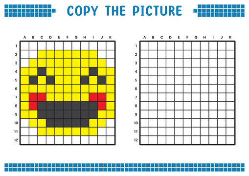 Copy the picture, complete the grid image. Educational worksheets drawing with squares, coloring cell areas. Children's preschool activities. Cartoon vector, pixel art. Happy face illustration.