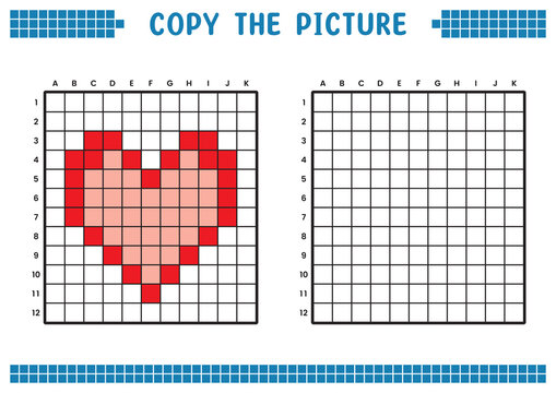 Copy the picture, complete the grid image. Educational worksheets drawing with squares, coloring cell areas. Children's preschool activities. Cartoon vector, pixel art. Heart love symbol illustration.