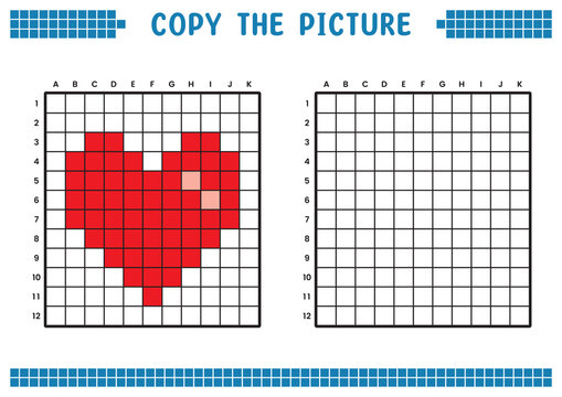 Copy the picture, complete the grid image. Educational worksheets drawing with squares, coloring cell areas. Children's preschool activities. Cartoon vector, pixel art. Heart love symbol illustration.