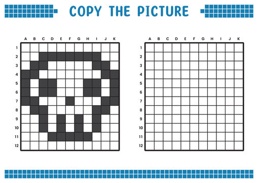 Copy the picture, complete the grid image. Educational worksheets drawing with squares, coloring cell areas. Children's preschool activities. Cartoon vector, pixel art. Skull head symbol illustration.