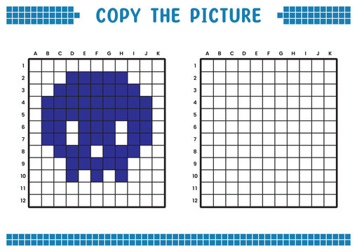 Copy the picture, complete the grid image. Educational worksheets drawing with squares, coloring cell areas. Children's preschool activities. Cartoon vector, pixel art. Skull head symbol illustration.