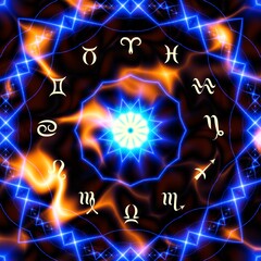 Magic circle with zodiacs sign on abstract black background.