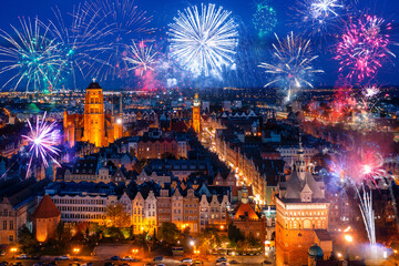 New Year fireworks display in Gdansk, Poland - obrazy, fototapety, plakaty