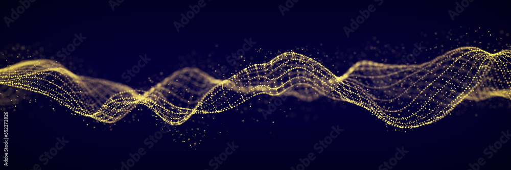 Poster 3D digital dynamic wave. Flow digital structure. Secure cybersecurity data connection. Cyber technology background. 3D rendering.