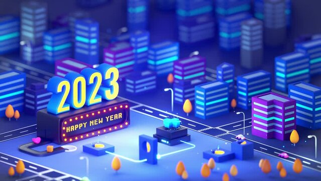 Happy new year 2023 in small city with looping animation