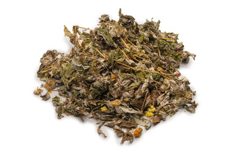 Dry tea leaves and dry fruit isolated on white background.