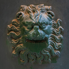 Closeup view of weathered ancient lion head carving on green wooden door, Montpellier, France