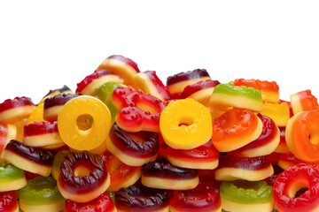 Assorted colorful gummy candies. Top view. Jelly donuts. Jelly bears. Isolated on a white background.