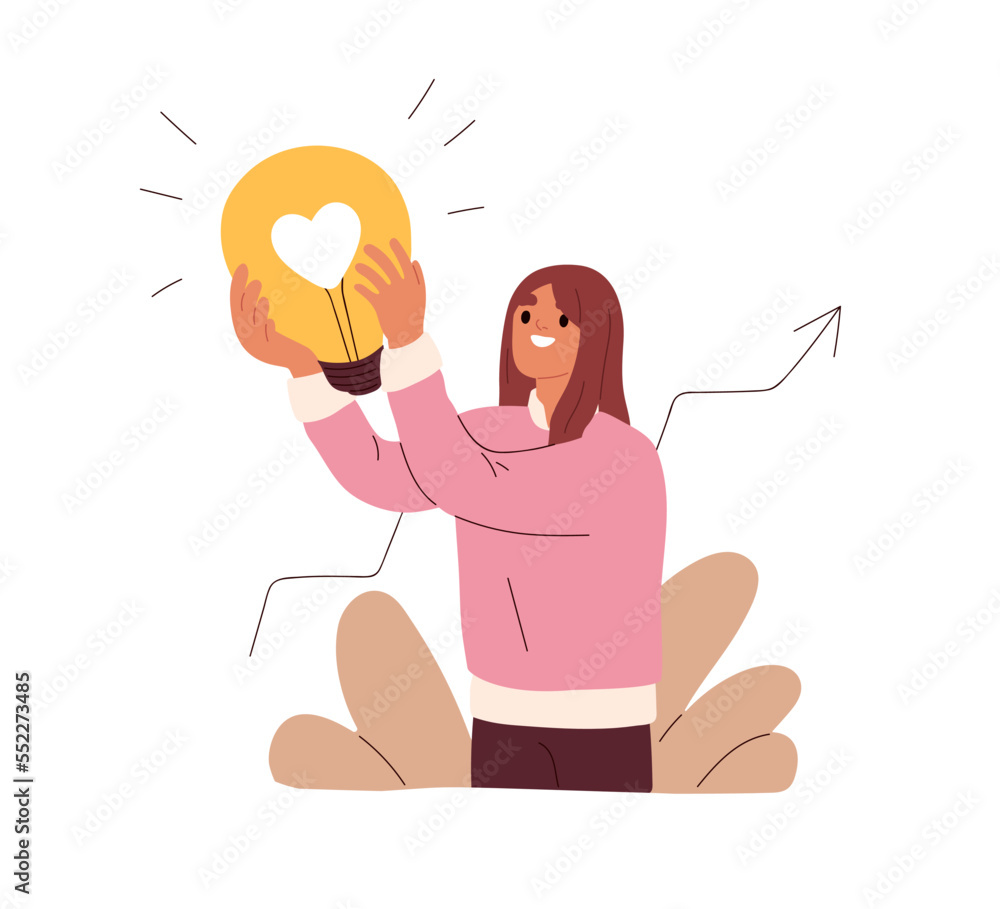 Poster business idea concept. employee with lightbulb. creative woman finding solution, answer at work with