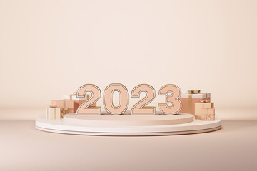 Minimal scene with gift box and pastel background. Concept of Happy New Year and Valentine day. 3D numbers 2023, poster, banner, cover card, brochure, studio, mockup. 3d render
