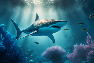 Fototapeta premium illustration of big Shark swimming under clean blue ocean water idea concept for environment preservation