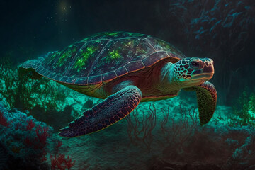 Obraz premium illustration of sea turtle swimming under clean blue ocean water idea concept for environment preservation