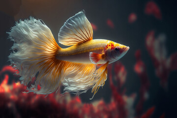 Fototapeta premium gold white color guppy fish swimming underwater , glitter glow light reflect from scale