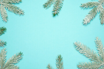 Branches of a Christmas tree with snow on a light blue background. Christmas background.