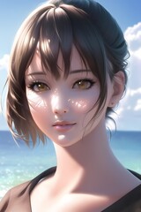 Woman on beach anime digital painting illustration