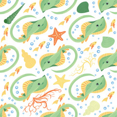 Batomorphi sea life, fish, animals bright seamless pattern. sea travel, snorkeling with animals, tropical fish