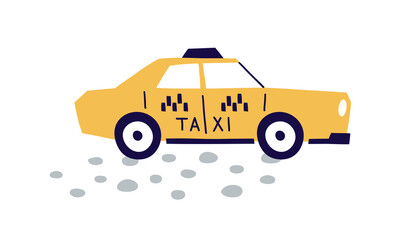 Yellow taxi, passenger car in Scandinavian style. Cute kids cab, auto toy. City taxicab, automobile travel on street. Childish wheeled vehicle. Flat vector illustration isolated on white background © Good Studio