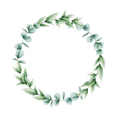 Watercolor illustration card with eucalyptus branches wreath. Isolated on white background. Hand drawn clipart. Perfect for card, postcard, tags, invitation, printing, wrapping.