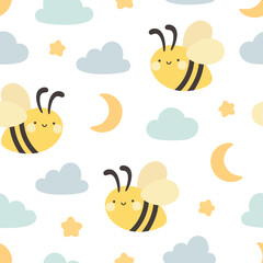 seamless pattern with cute cartoon kawaii bees, Hand drawn floral vector illustration background