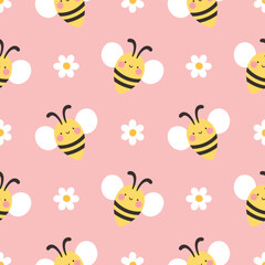 seamless pattern with cute cartoon kawaii bees, Hand drawn floral vector illustration background - 552275636