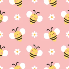 Foto auf Glas seamless pattern with cute cartoon kawaii bees, Hand drawn floral vector illustration background © Gabriel Onat