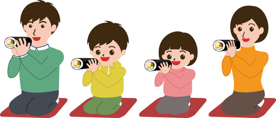 節分の日に恵方を向いて並んで座り恵方巻きを食べる家族のイラスト