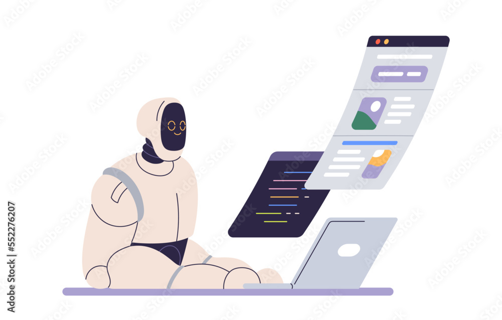 Aufkleber Robot works at laptop. AI, artificial intelligence, business automation, automated process, machine learning concept. Android bot at computer. Flat vector illustration isolated on white background