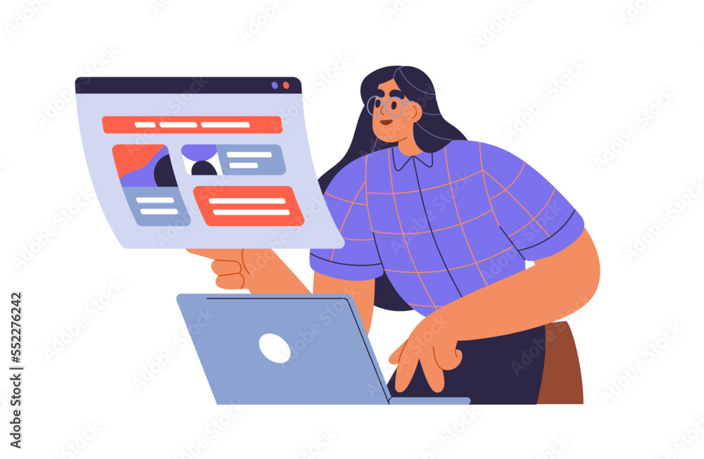 Poster content manager works at laptop. web-site editor editing online page at computer. woman surfing inte