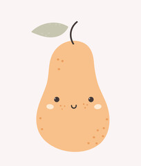 Hand drawn illustration of a cute pear. Neutral poster for nursery wall art. Funny fruit. A simple print for a boy or a girl. Cartoon pear.