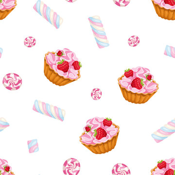 Sweets background. Seamless pattern with pink raspberry cupcakes, candies and marshmallows on white background. Vector cartoon illustration.