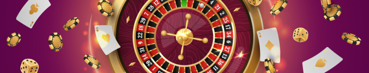 Vector illustration, banner with Golden casino roulette, wheel in the center with flying poker chips, tokens, white playing cards, dices, around on purple background with lights, bokeh