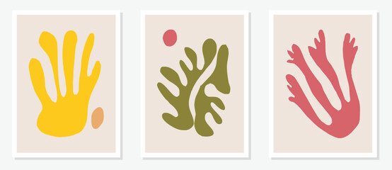 Collection vector of contemporary aesthetic posters and minimal abstract elements in different colors on isolated frames. Abstract pattern of organic lines, simple wallpaper-inspired by Matisse Style.