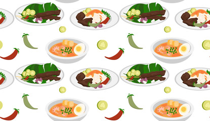 Malaysian cuisine. Traditional dishes. Seamless pattern in vector. Asian cuisine.