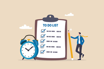 To do list, task management or completion tracking or reminder to finish assignment, work planning or schedule concept, productive businessman with pencil and to do list clipboard with alarm clock. - obrazy, fototapety, plakaty